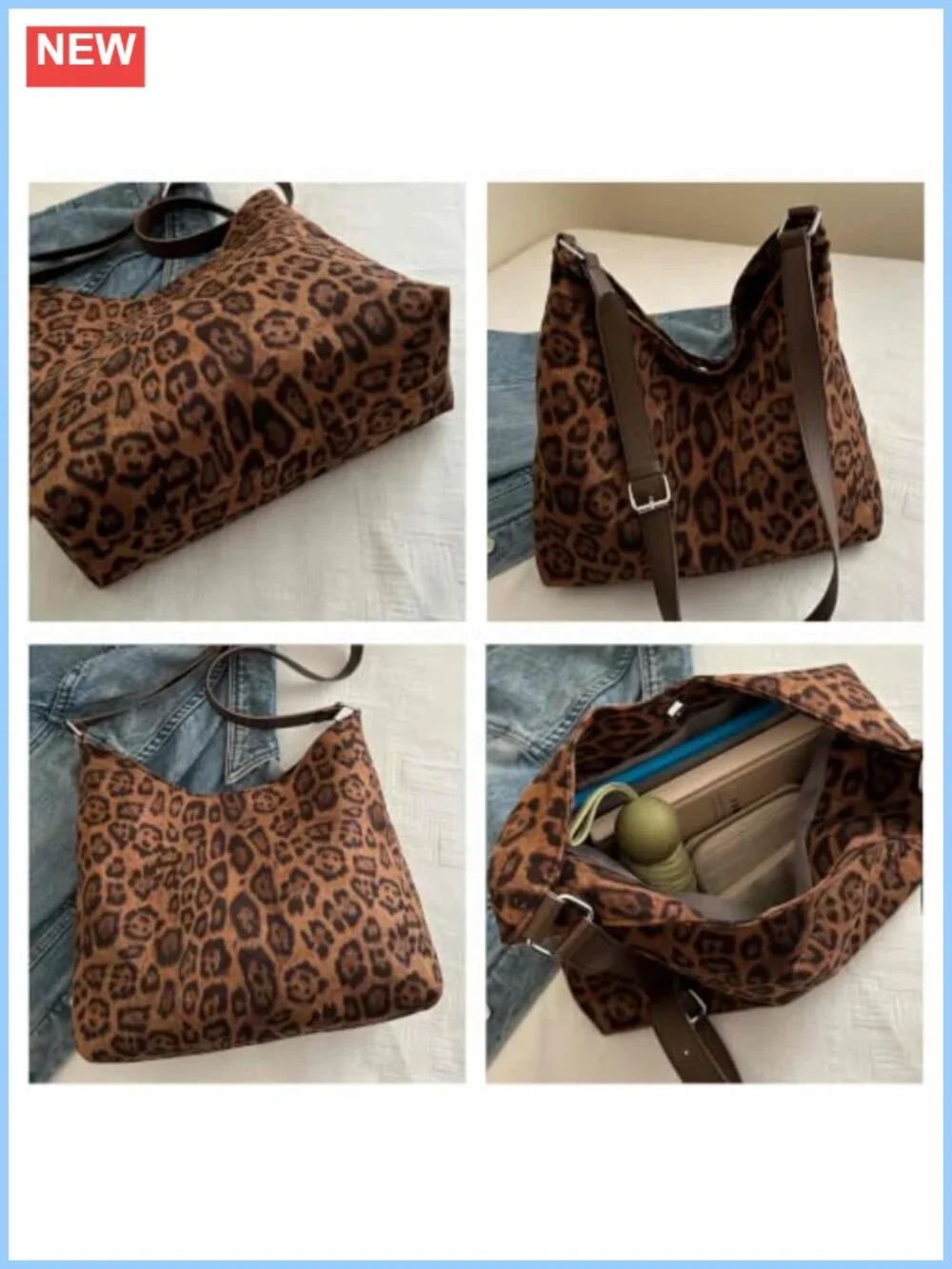 Leopard Print Hobo Bag Cheetah Tote Shoulder Crossbody Adjustable Strap